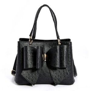 Crossi Black Faux Ostrich Leather Bow Detail Handbag